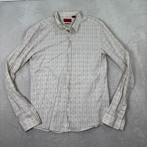 HUGO BOSS Shirt Mens Tall Large Beige Polka Dot Long Sleeve Collared Button Up